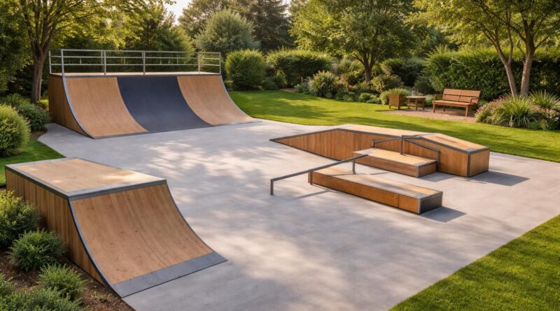 transformez votre jardin en skatepark personnalisé avec une rampe bmx, des modules en bois et un revêtement en béton lissé pour des sessions de ride uniques et fun.