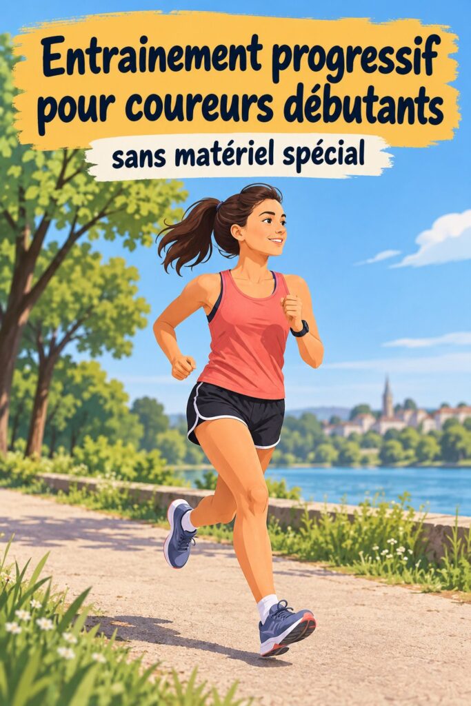 Un coureur débutant s'entraîne dans un parc, heureux de progresser tout en suivant un programme d'entraînement.