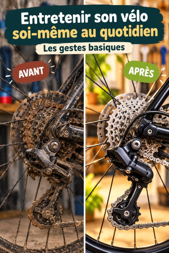 Un cycliste effectuant un entretien de son vélo sur un support.