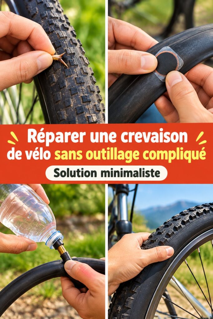 Un cycliste réparant une crevaison sur son vélo avec des outils simples.